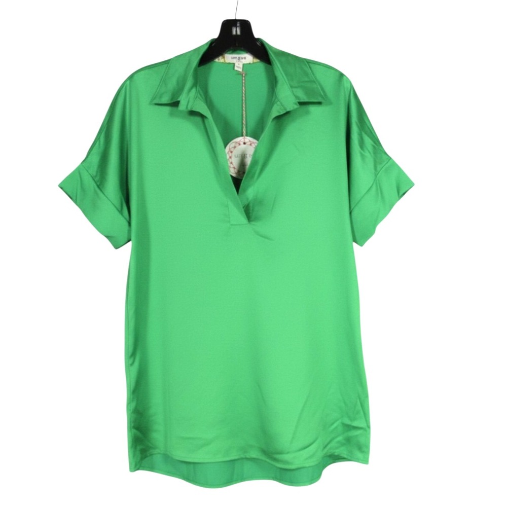 NWT UMGEE Green SATIN Collar V-Neck PLEATED BACK Wide Cuff BLOUSE/TOP Sz M